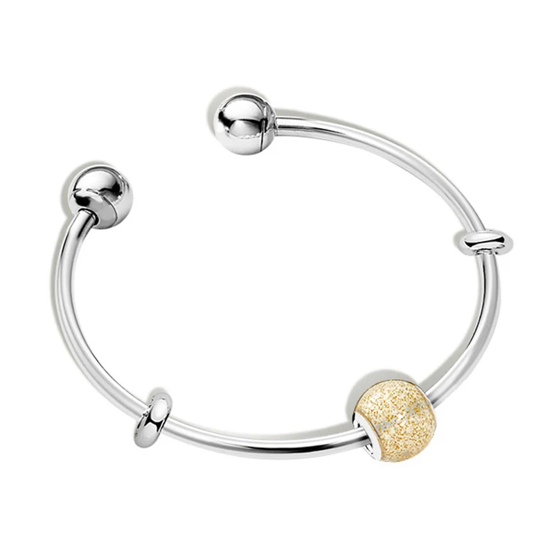 

NEW 100% 925 Sterling Silver Blinking Ball Gold Color Charm Beaded Open Bracelet Set Charming Elegant Gift Surprise Collection