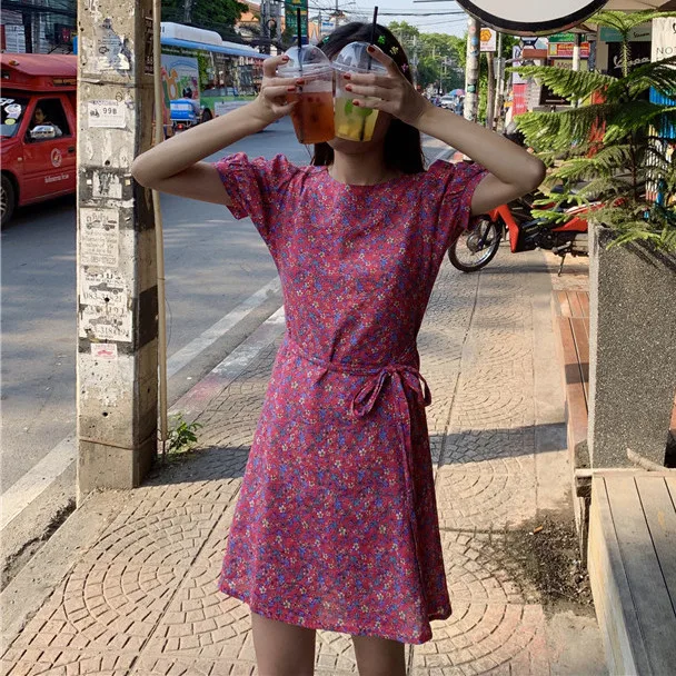 

Photo Shoot 2019 WOMEN'S Dress Summer French GIRL'S Weep Yafeng Small Floral Slimming Short-sleeve Dress
