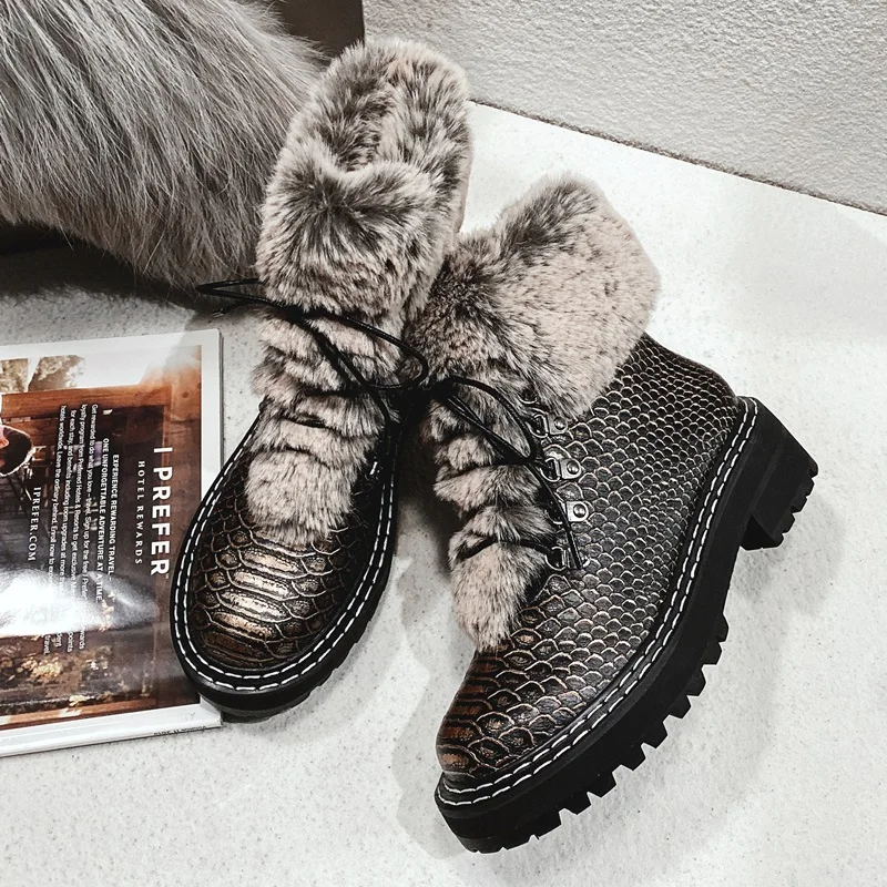 black ZVQ, зимние теплые ботинки с кроличьим мехом, женская обувь с круглым носком, ботильоны на шнуровке, осенние модные вечерние женские зимние ботинки на высоком каблуке - Цвет: black