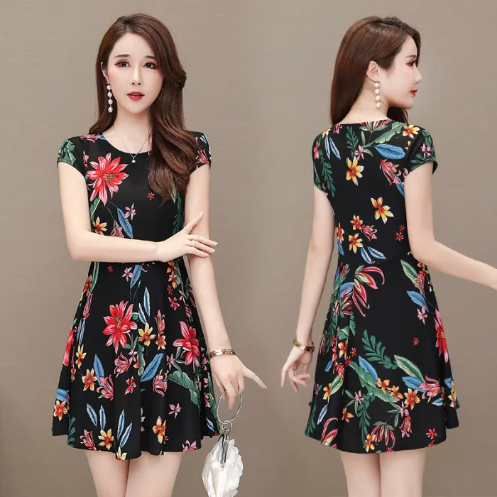 

2019 Summer New Style Mid-length Middle-aged Women Dress Floral-Print Middle-aged Large Size Dress Short Sleeve Printed Slim Fit