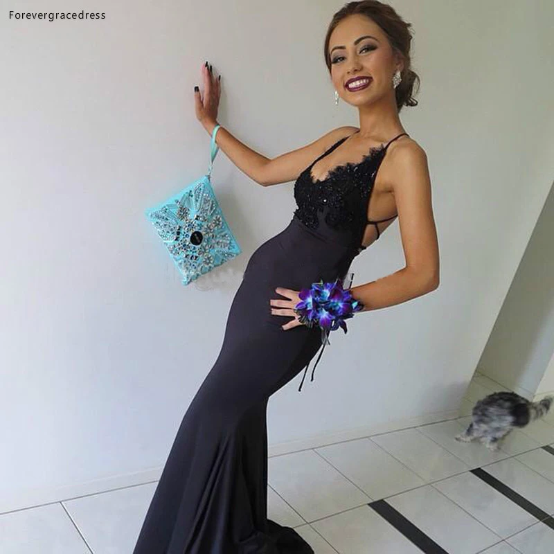 Sexy Black Mermaid Evening Dresses V Neck Spaghetti Straps Lace Satin Backless Long Prom Dresses Formal Gowns Sweep Train 99jpg (3)