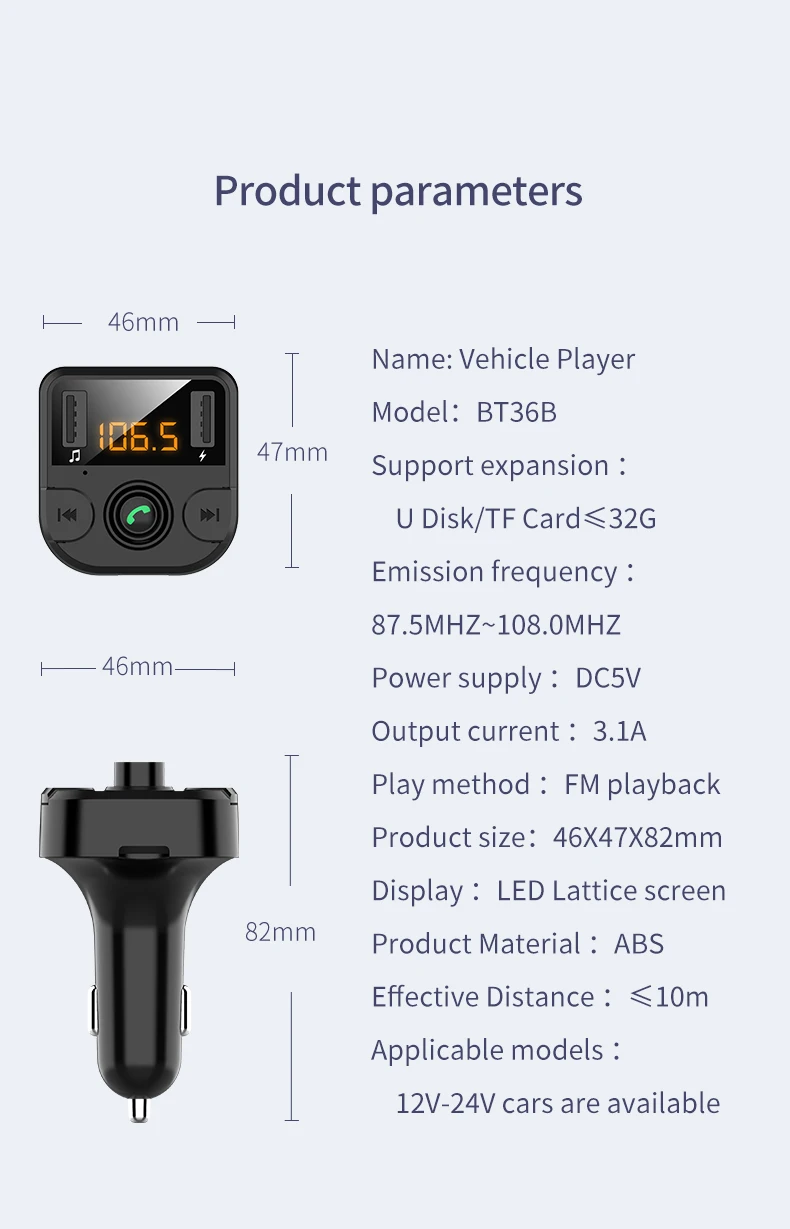 BT36B Автомобильный Bluetooth 5,0 комплект fm-передатчик автомобильный прикуриватель hands-free MP3-плеер двойной USB Bluetooth автомобильное зарядное устройство автозапчасти