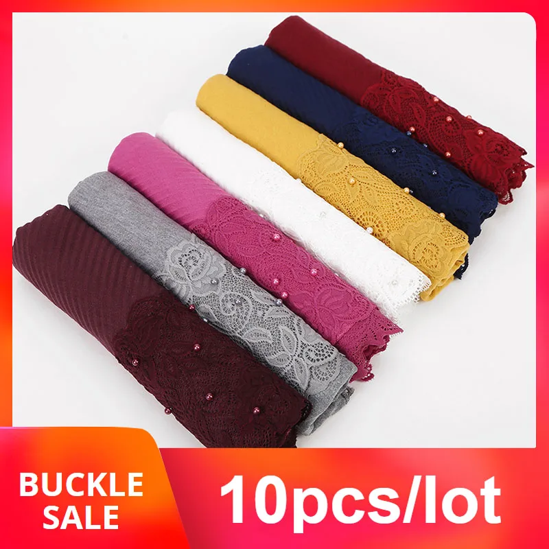 

10pcs/lot Black White Red Yellow Crinkle Pleated Lace Floral Hijab Scarf Shawl Women Pearls Wrinkle Muslim Head Scarves Wraps