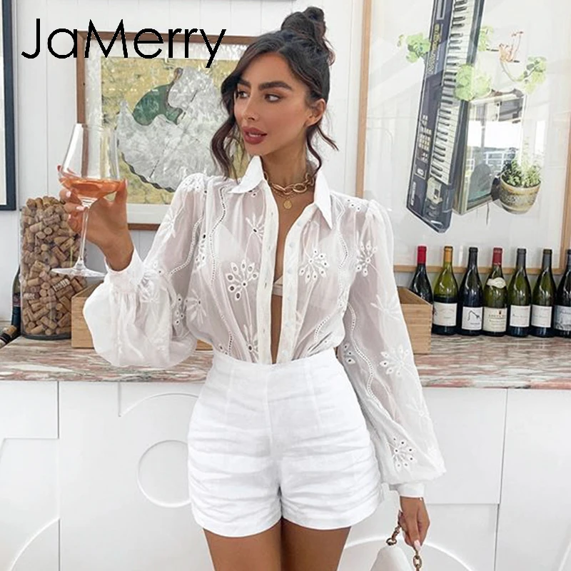 JaMerry, белая хлопковая блузка с цветочной вышивкой, женская блуза с длинным рукавом и пуговицами, Женский Топ, элегантная Офисная Женская блузка