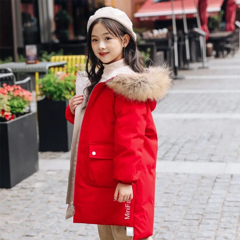 Коллекция года, пуховики для девочек зимние модные дизайнерские пуховые пальто для маленьких девочек теплая верхняя одежда с натуральным мехом на холодную зиму - Цвет: Красный