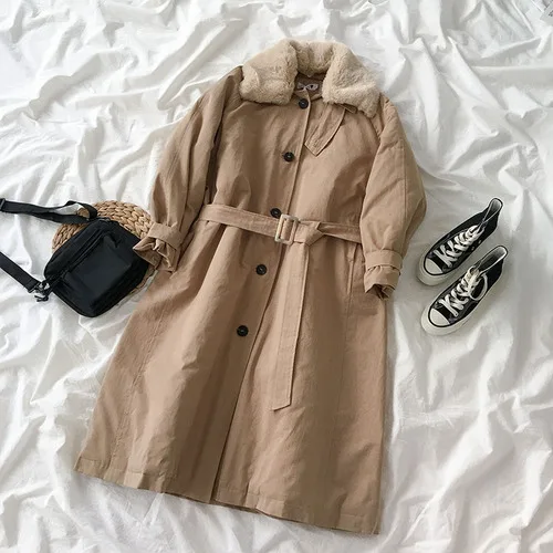 Gaganight Winter Women Trench Coat Thick Warm Long Coats Female Faux Fur Detachable Collar Sash Casual Loose Korean Overcoat - Цвет: Khaki