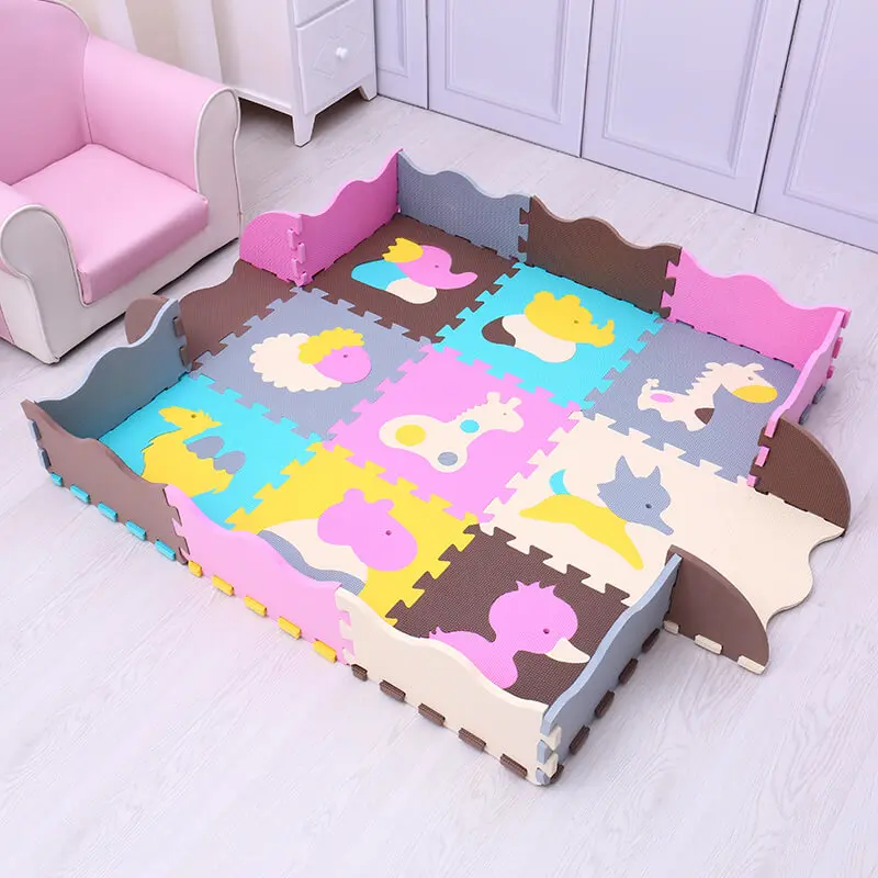 P016 with fence EVA детский игровой коврик, 9 шт., пенопластовый Коврик-пазл для детей, для занятий в тренажерном зале, мягкий напольный коврик с рисунками животных, игрушки Mei Qi Cool - Цвет: P016 with fence
