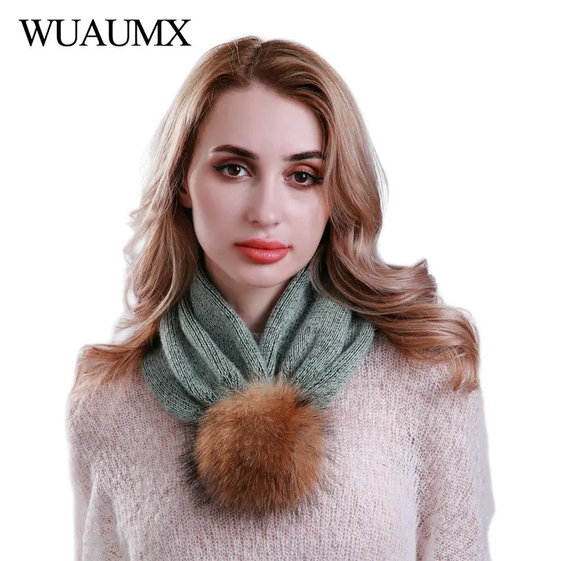 Wuaumx Multifunction Hat and Scarf Autumn Winter Hat For Women Wool Knitted Beanies Cap Luxury Raccoon Fur Pompom Cap