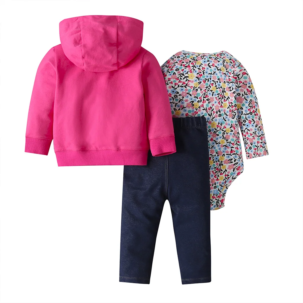 Одежда для маленьких девочек куртка с капюшоном и длинными рукавами+ боди с цветочным рисунком+ штаны, коллекция года, модная одежда для новорожденных осенний комплект одежды на молнии для младенцев