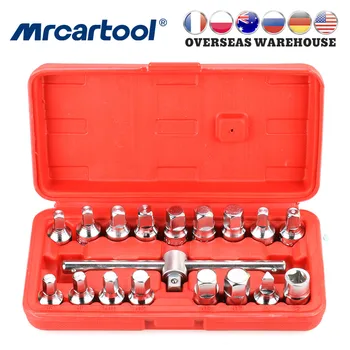 MR CARTOOL 18 PCS Oil Drain Pipe Plug Socket Set Screws Removal Tool Triangle Square Hexagon T-bar Remover Sleeve Special Tools 1