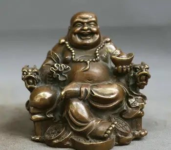 

4.3" China Buddhism Bronze Maitreya Buddha Sit Dragon Chair Yuanbao Money Statue
