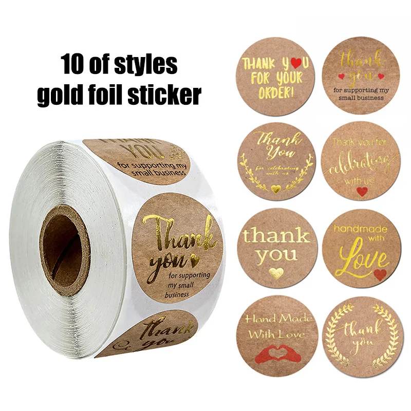 10 styles gold foil Kraft paper thank you stickers seal labels for wedding envelope handmade sticker 500 pcs/roll | Канцтовары для