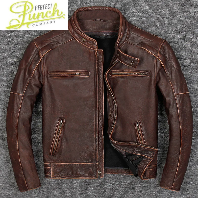 

New Brown 2021 Genuine Jacket Thicken Cow Leather Vintage Motorcycle Coat Japanese Clothes Chamarras Para Hombre WPY1223