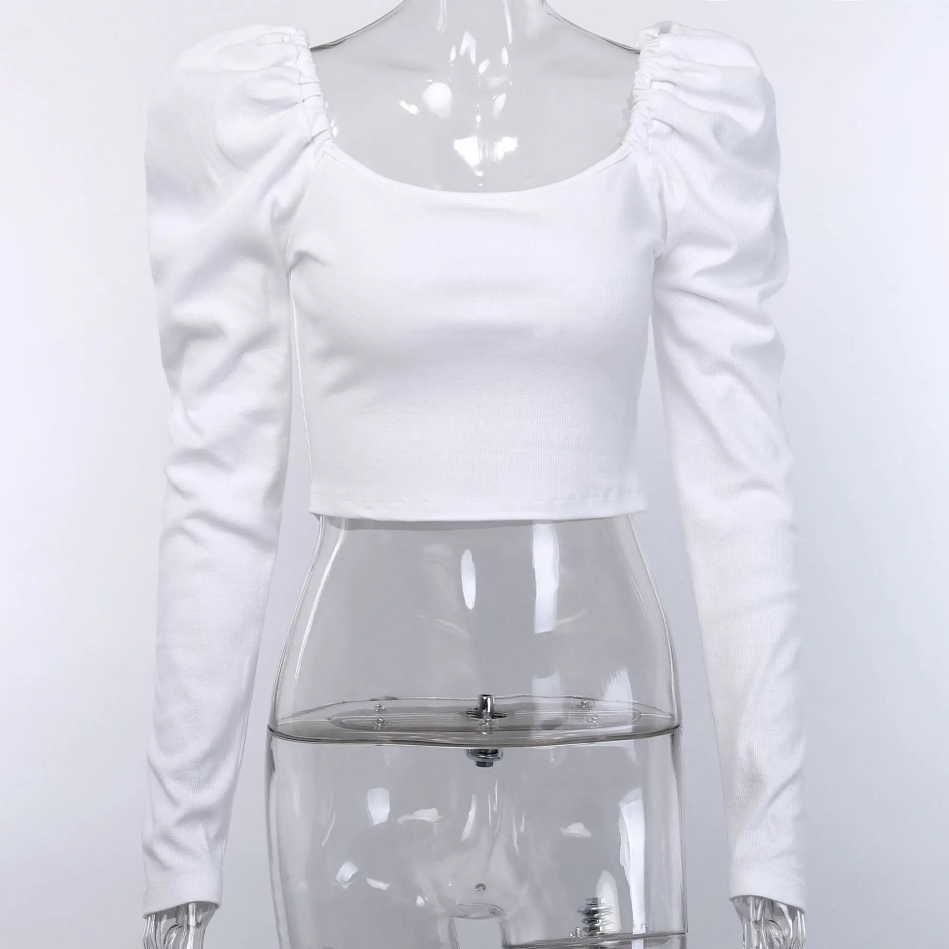 Винтажные повседневные женские рубашки с квадратным воротником и пышными рукавами, Модные осенние однотонные топы с длинными рукавами - Цвет: White