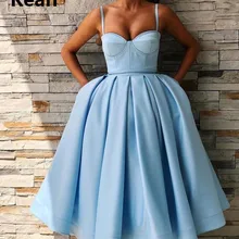 Небесно-синие Бальные платья Спагетти ремни Милая А-силуэт чай Длина атласные элегантные коктейльные платья