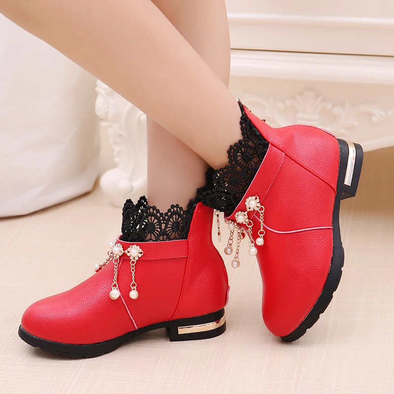 Fashion Lace Lace Beads Tassel Princess Leather Boots For Girls Size Kids Warm Shoes Children Waterproof Boots 4- 12 Year Old