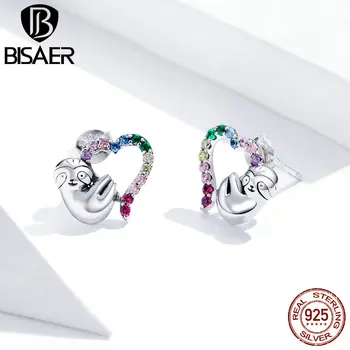 

BISAER Real 925 Sterling Silver Little Sloth Heart Stud Earrings Color Zircon Small Earrings For Women Rainbow Jewelry HSE885