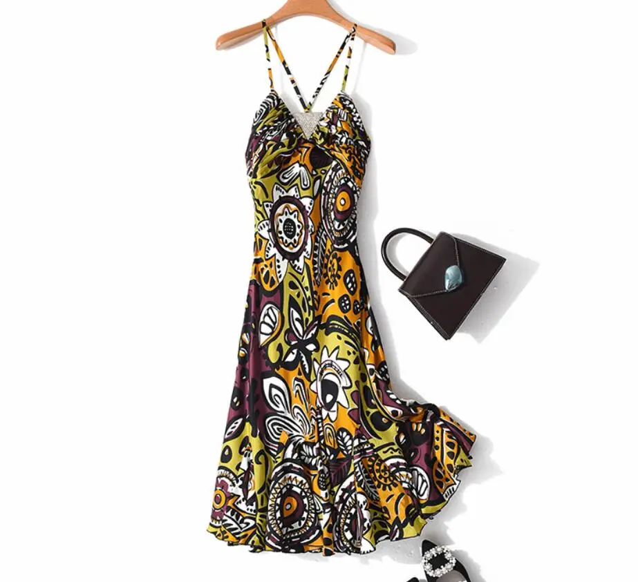 

New 2019 Real Silk Dress Women Natural Silk High Quality Elegant Summer Beach Dresses Lady Home Free Shipping