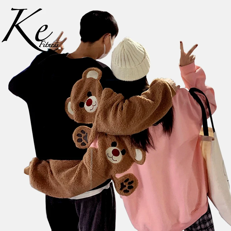

KE Autumn winter round neck long-sleeved girlfriends sweater, back shoulder cute bear lamb wool, embroidery loose couple sweater