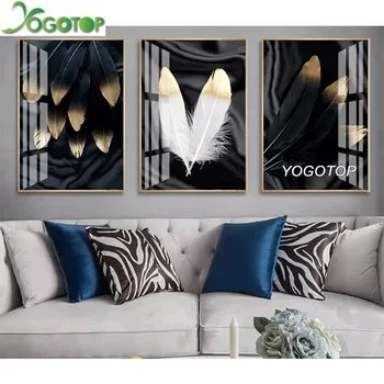 

Triptych diamond Embroidery black and White Art Gold Feather Diy Diamond Painting Full Drill mosaic Wall Decor 3pcs ML1274