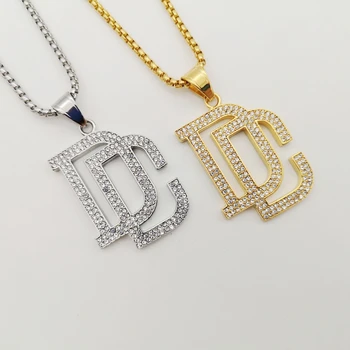 

Iced out Bling Bling full rhinestones Letters DC pendant necklace Gold 316L stainless steel mens hip hop jewelry rock necklace