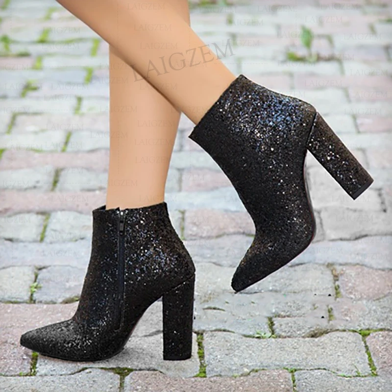 Bij elkaar passen moeder Scheur Seiihem Vrouwen Enkellaarsjes Glitter Side Zip Blok Hoge Hakken Korte  Laarsjes Comfortabele Bling Schoenen Vrouw Grote Maat 38 42 44  47|Enkellaars| - AliExpress