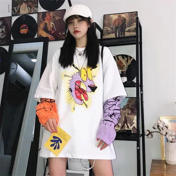 

Lychee Harajuku Patchwork Hit Color O-neck Female Pullovers Cartoon Dog Letter Women Sweatshirts Fake 2 Pieces Autumn Lady Tops