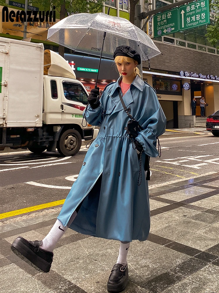 Nerazzurri Autumn Oversized blue long leather trench coat women