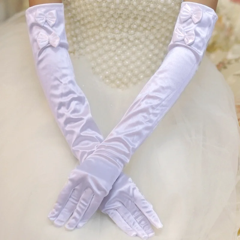 luva de noiva Long Satin Bow Bridal Wedding Gloves with Finger Ivory White Opera Length  Bride Gloves Wedding Accessories