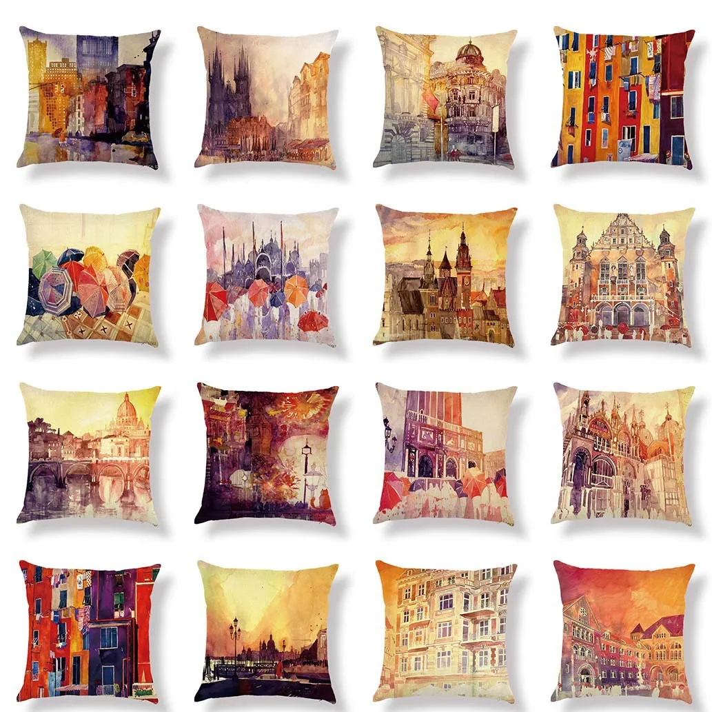 

Watercolor Building Scenery Cushion Cover Linen Decorative Pillowcase Home Vintage Decor for Living Room Sofa Couch Pillow 45*45