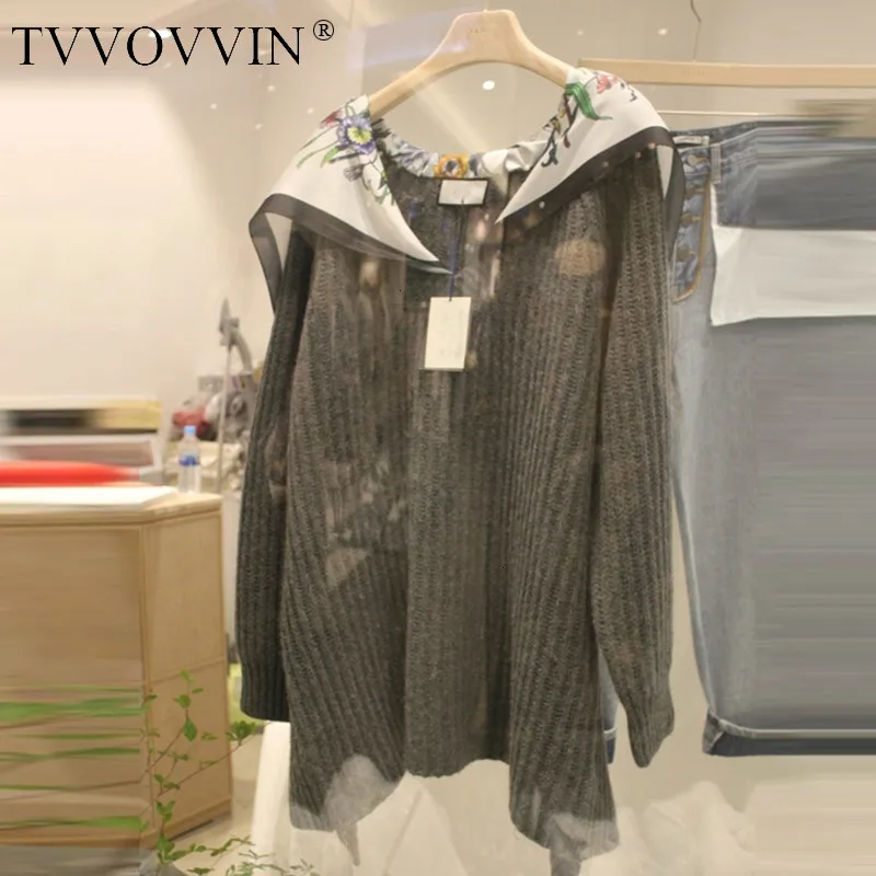 TVVOVVIN, новинка, весна-осень, корейский стиль, длинный рукав, пуловер, пэчворк, v-образный вырез, с кружевом, женский свободный свитер, X187
