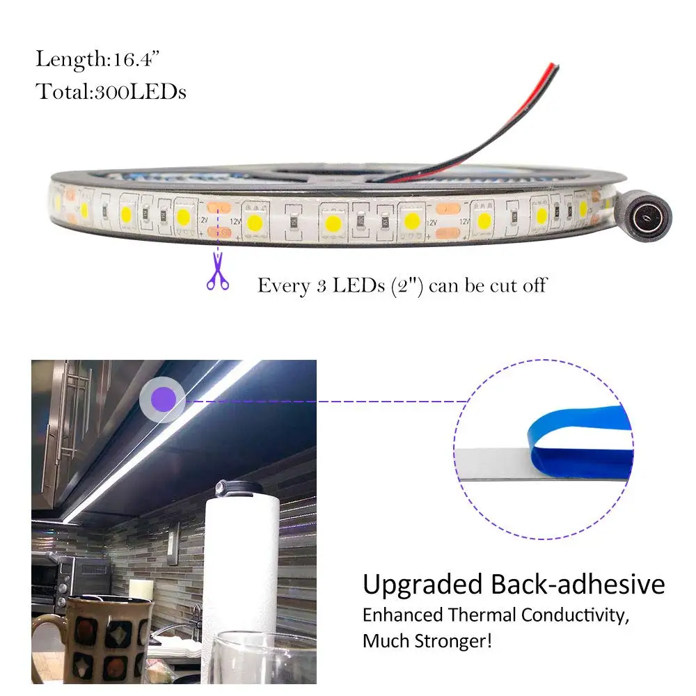 

Weatherproof Cool White LED Light Strip, High Density 5050-16.4 Feet, 300 LEDs, 5000K, 218 Lumens per Foot 12V DC jk554