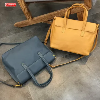 

2020 New Fashion Women Handbag Casual Commuter Bag Pure Genuine Leather Literary Briefcase Simple Shoulder Messenger Bag Soft