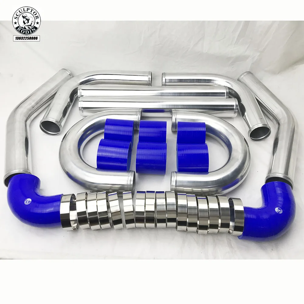 Universal 2.5 Inch 63 mm Polished Aluminum Intercooler Pipe Piping Kit w/Black Silicone Hose and Clamp 