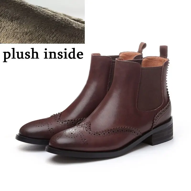 plush inside ALLBITEFO/женские ботинки из натуральной кожи; модные удобные дышащие ботильоны; ботинки на высоком каблуке с круглым носком; сезон осень-зима - Цвет: plush inside
