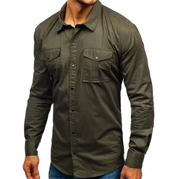 

2020 New Shirt Autumn Casual Men's Shirt Cotton Military Slim Button Solid Color Long Sleeve Shirt