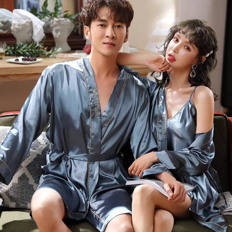 Fashion Men's Bathrobe Silk Kimono Long Sleeves Robe Lovers Couples Print Summer Soft Men Gown Bathrobe Men Homewear Sleepwear