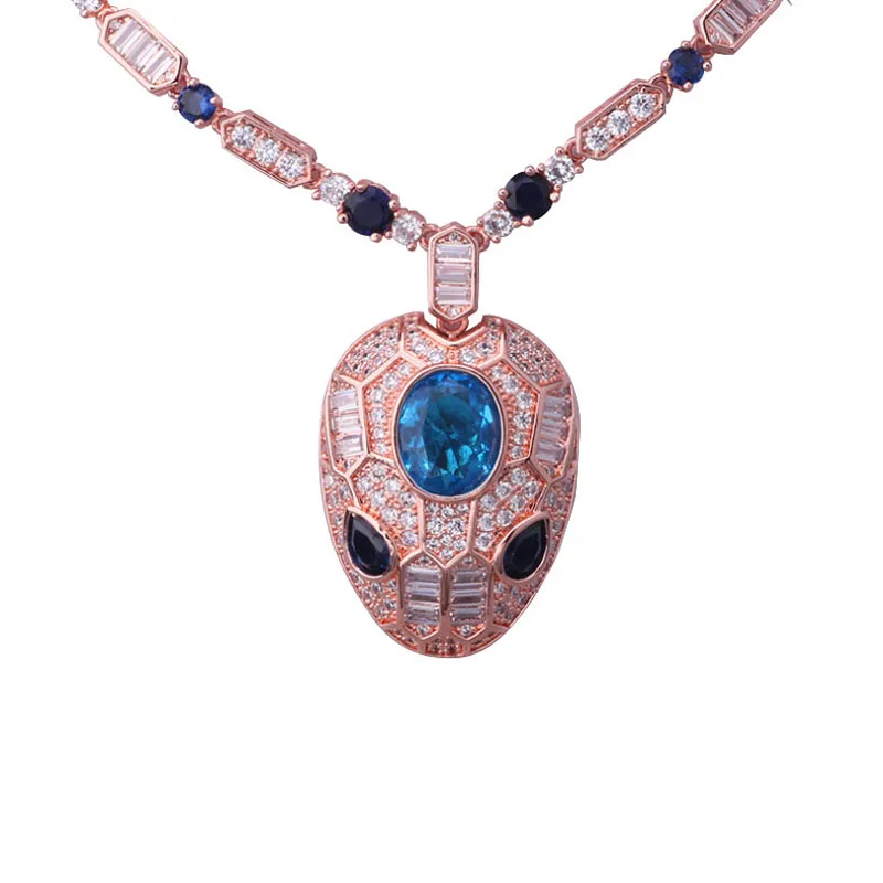 

LYCOON new snake head pendant necklace with blue stone rose color plated prong setting Cubic Zirconia women bling necklace