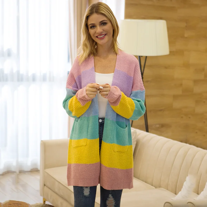 Autumn Women Sweaters Sweet Style Striped V-Neck Long Sleeve Cardigans Pockets Thick Sweater |