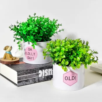 

Artificial Green Grass Plant Plastic Fake Flowers Simulation Eucalyptus Leaves with Pot Mini Bonsai for Home Table Garden Decor