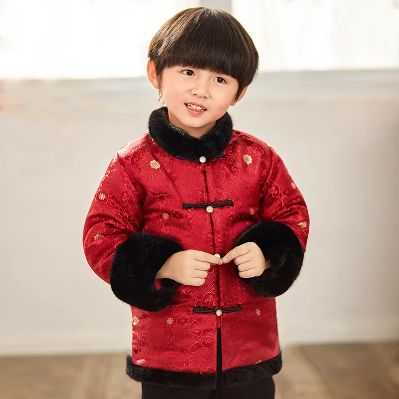 

Tang Children Satin Cheongsam Top Boy Thicken Winter Qipao Saten Costumes Baby Suits Wedding Long Sleeve Girls Chinese Dress