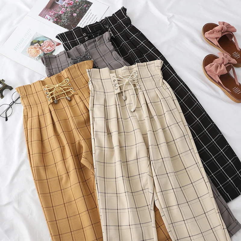 

Vintage Plaid Pants Harajuku Women High Waist Trousers Casual Loose Herem Pants Female New Fashion Korean Style Trendy Pants