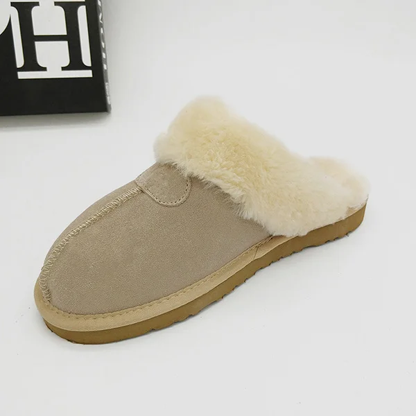 Зимние тапочки; женская обувь; Брендовая женская обувь из натуральной кожи; теплые меховые тапочки; плюшевая женская обувь на плоской подошве; шлепанцы; повседневная обувь - Цвет: White sand