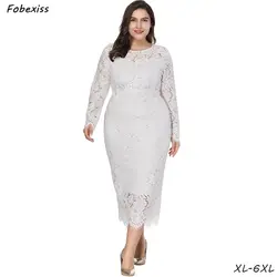 Плюс размер платье с длинным рукавом женское осеннее белое длинное кружевное платье с круглым вырезом Макси 6XL вечернее платье-футляр 2019