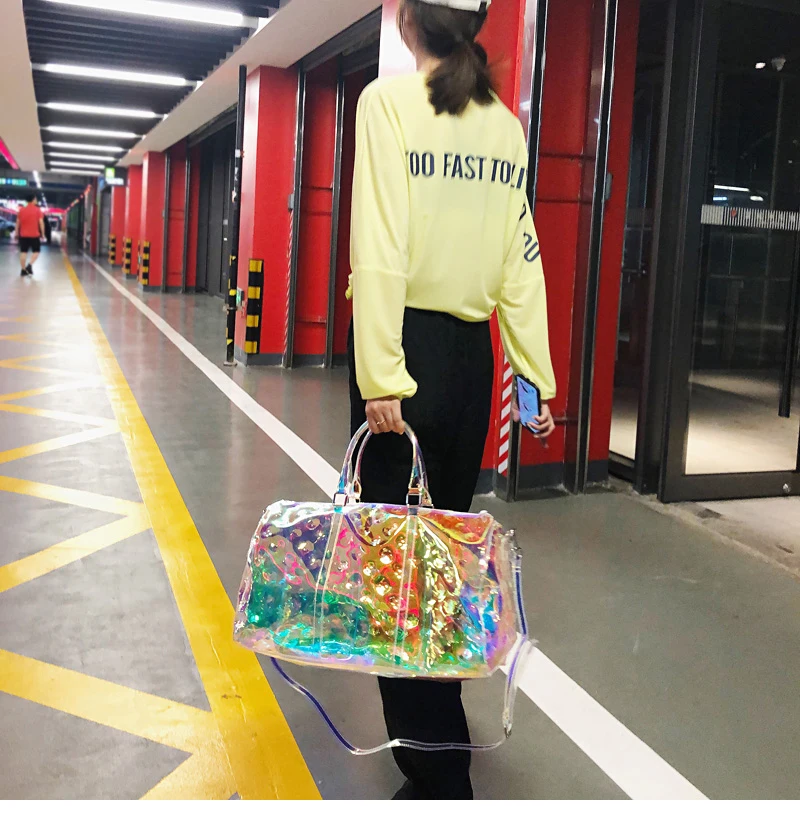 Laser colorful brand travel bag transparent bright luxury reflective fitness luggage bag slung carry on portable suitcase bag