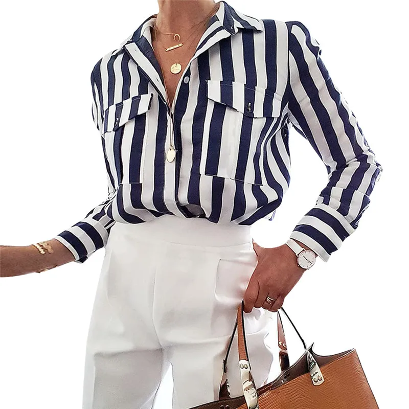 Женская блузка с длинным рукавом, блуза в полоску и топ, женская синяя рубашка с отложным воротником, светильник, Новое поступление, лето-осень, D25 - Color: Beige
