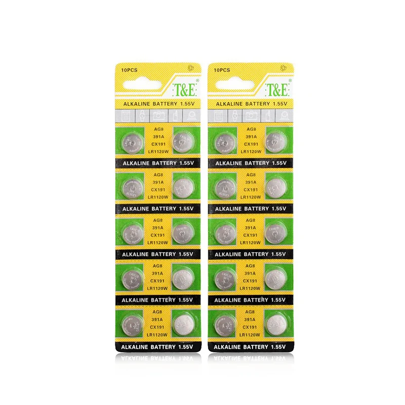 20 шт./лот 2 карты AG8 LR1120 391 381 1,5 V щелочные Zn/MnO2 кнопки сотового монета батареи одноразовые игрушечные часы батареи