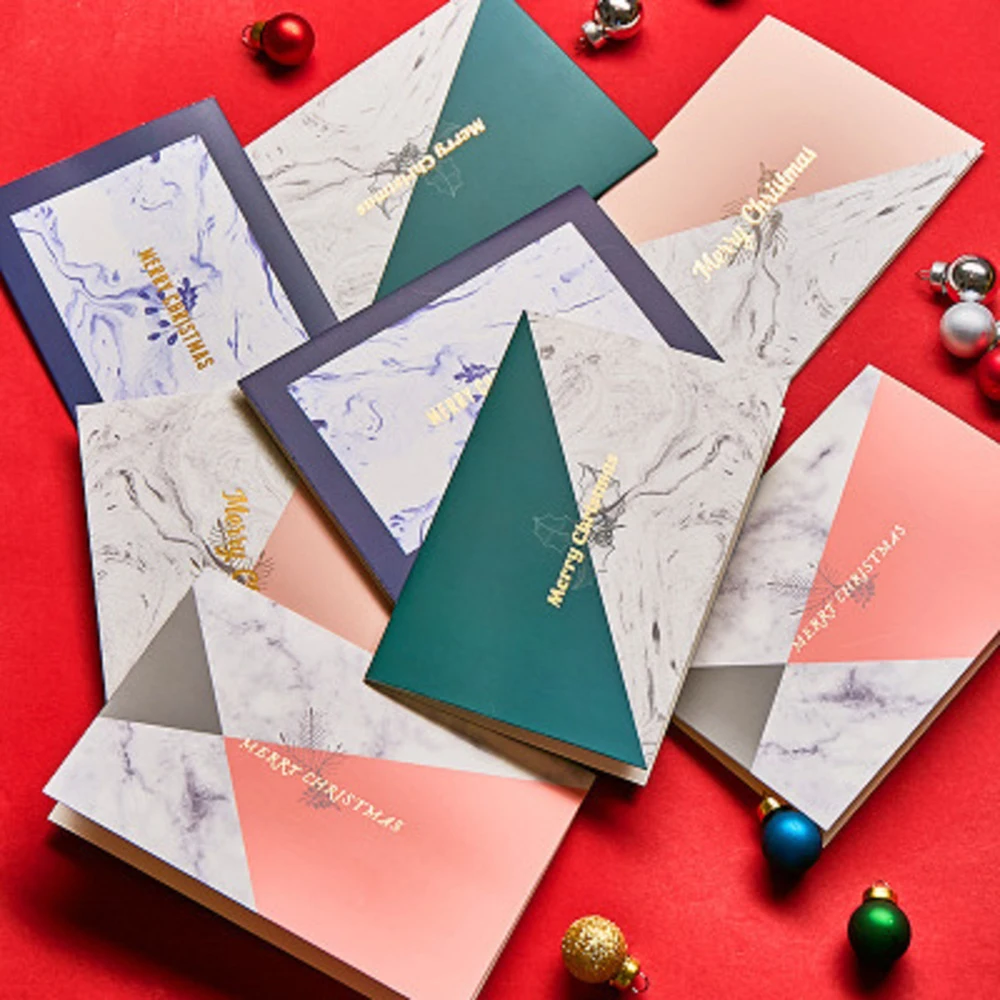 

High grade Nordic Marble Contrast Christmas Greeting Card Hot Stamping Christmas invitaciones thank you cards with envelopes