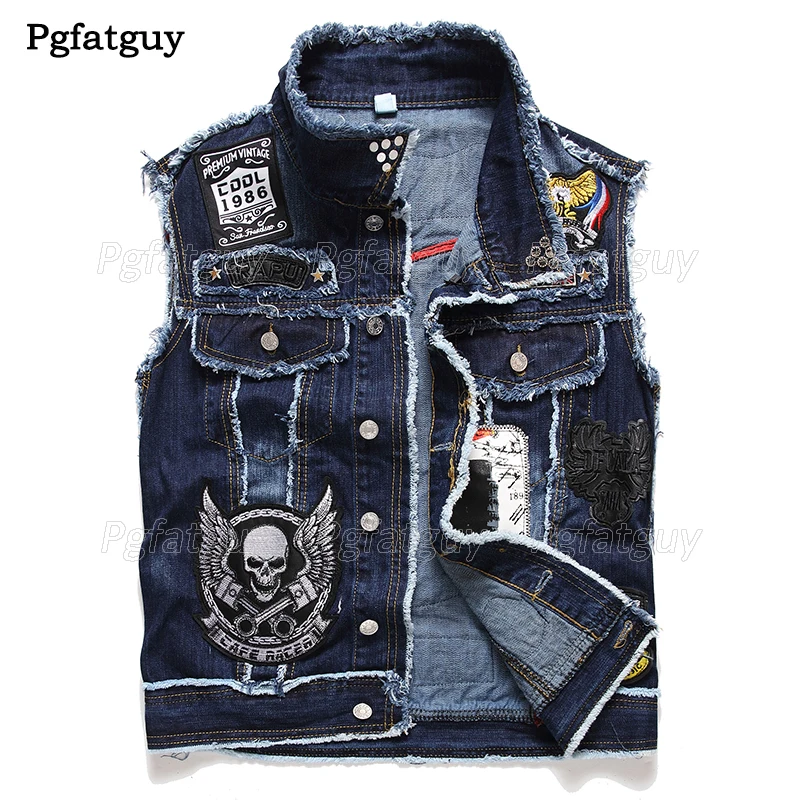 Embroidery Skull Denim Vest Men Punk 