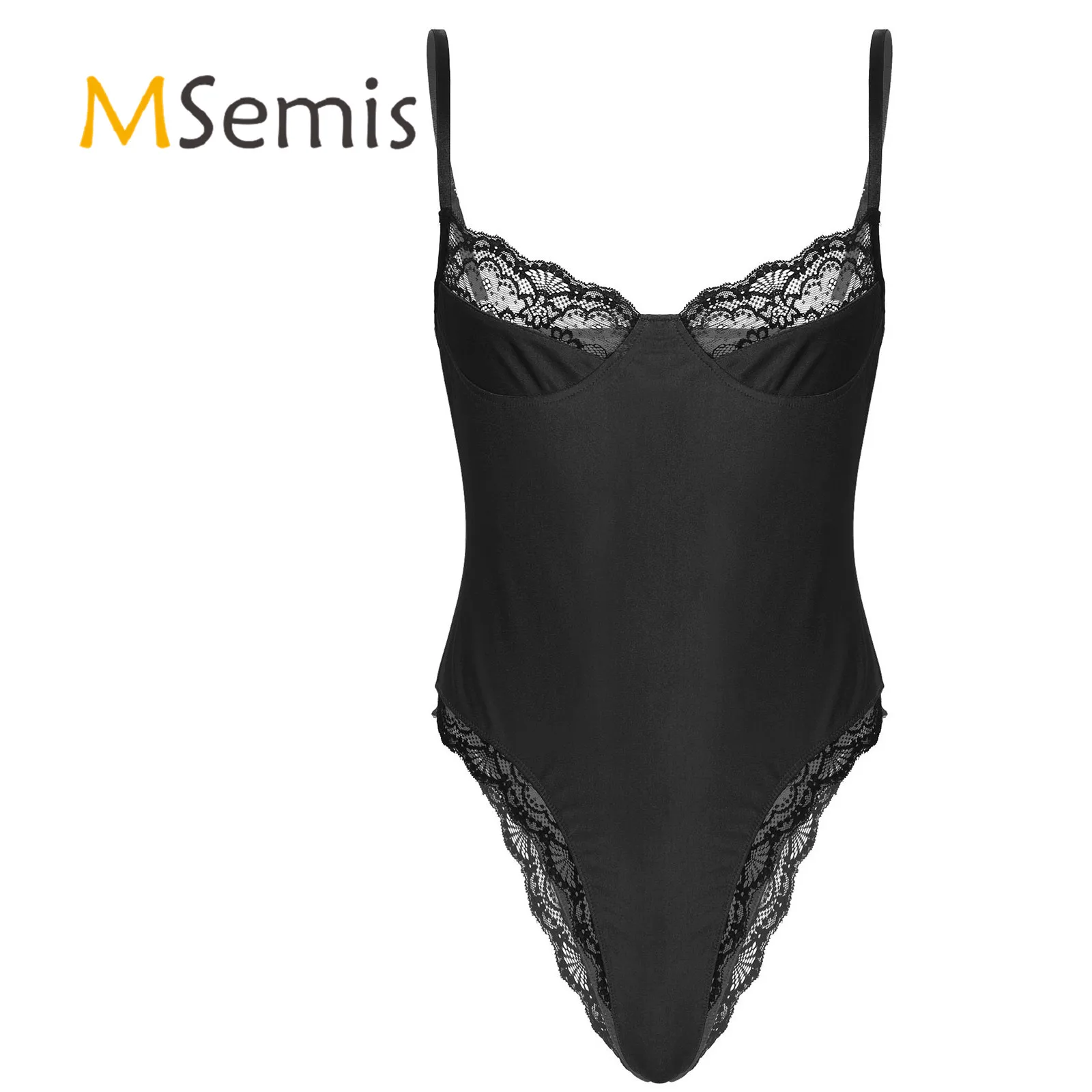 Mens Lace Trimming Bodycon Sissy Bodysuit Adjustable Spaghetti Strap Sleeveless Unlined Wireless Bra Leotard Lingerie Underwear